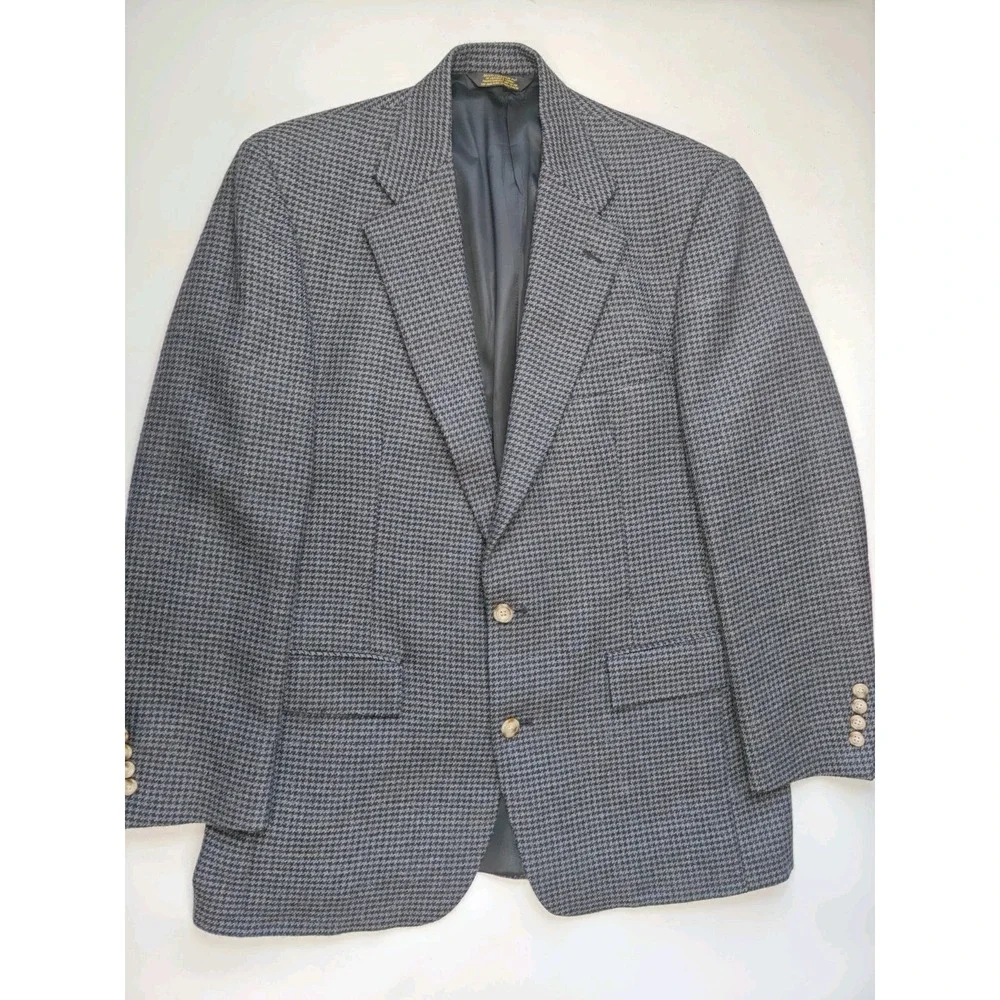 Palm Beach Mens 43L Wool Sport Coat Blue Gray Houndstooth Vintage USA Made J505